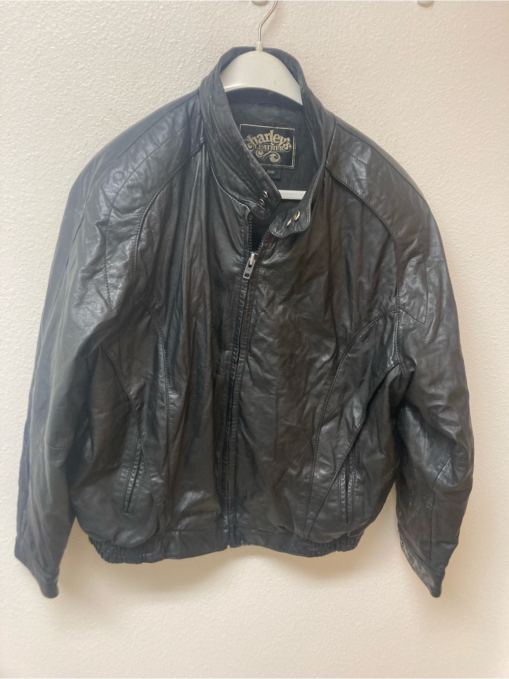 CHARLEY’S LEATHER Black Leather Bomber Jacket Size 46